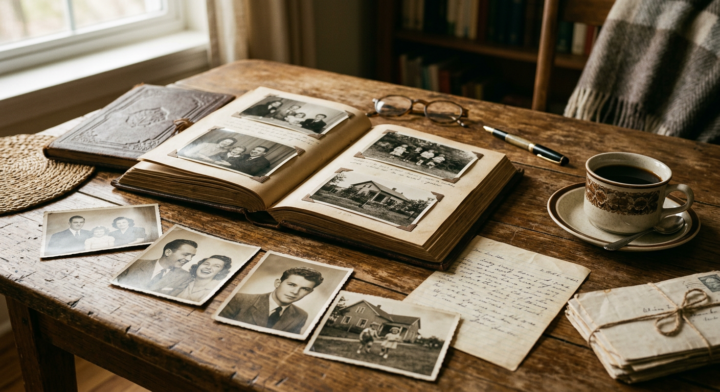 Álbum de fotos antigas aberto sobre uma mesa de madeira